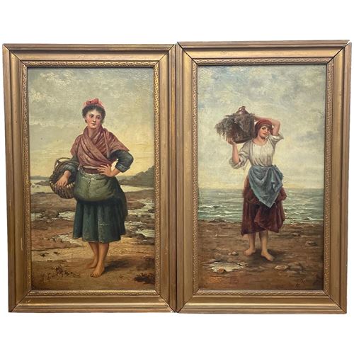 Pair Victorian Oil Paintings Seaside Cockle Pickers 