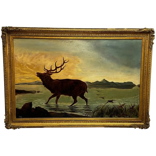 Victorian Oil Painting Stag Deer Wading Loch Lomond Follower Clarence Henry Roe