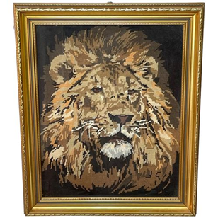 Framed Embroidered Lion Animal Head...