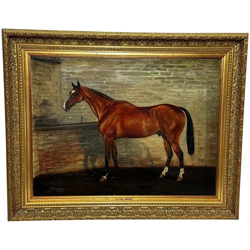 British Equine Oil Painting The Mint Race Horse In Stable By Timothy B Whitby