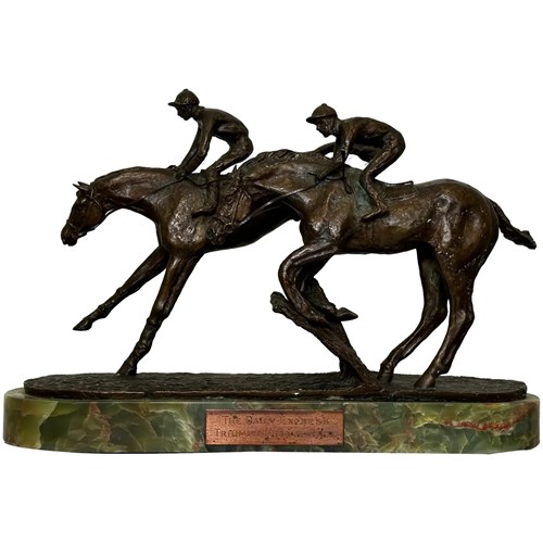 Bronze Steeple Chase Horses Jockets Jumping Fence Sculpture 