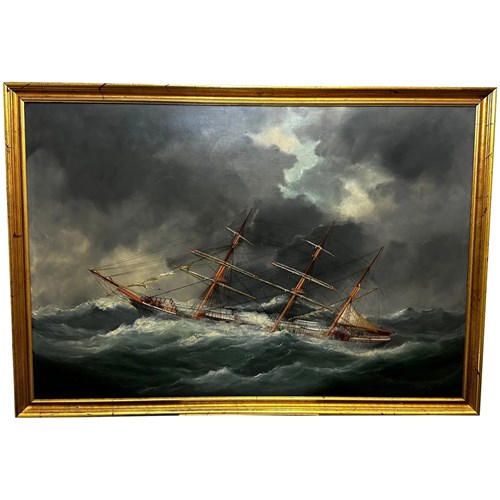 Victorian Seascape Oil Painting Clipper Sailing Ship Swamped Distress Bay Biscay