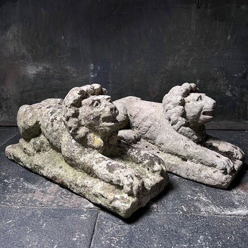 Pair Of Medieval Recumbent Lions
