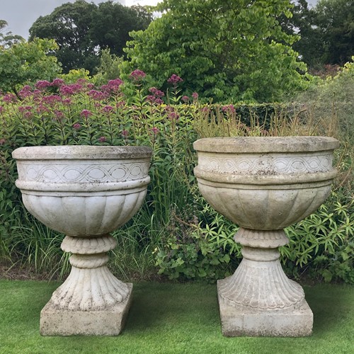 Pair Of Carved White Marble Urns