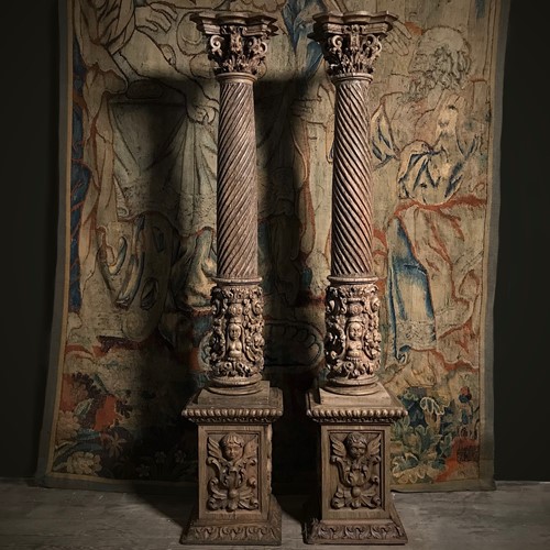 Pair Of Ornately Carved Caryatid Columns C.1650