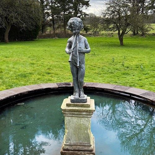 Lead Piping Boy Fountain With Terracotta Plinth C.1880