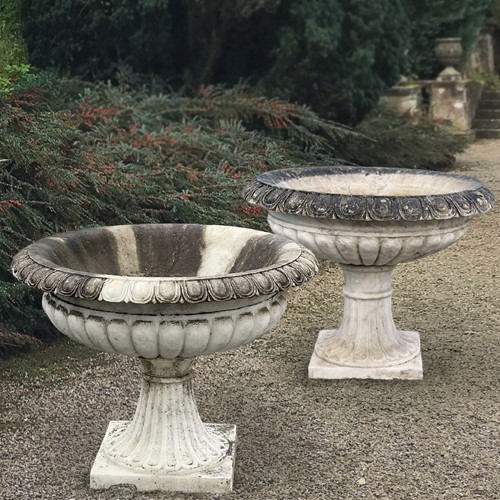 Pair Of Monolithic Carved Carrara Marble Urns