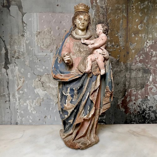 Polychrome Wooden Virgin And Child C.1500