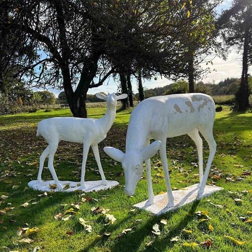 Pair Of Composite Stone Deer Garden Sculptures