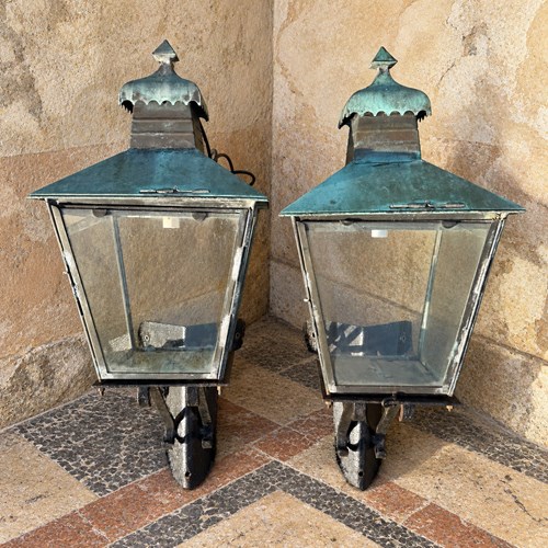 Monumental Pair Of English Late Victorian Copper Corner Lanterns, C.1890