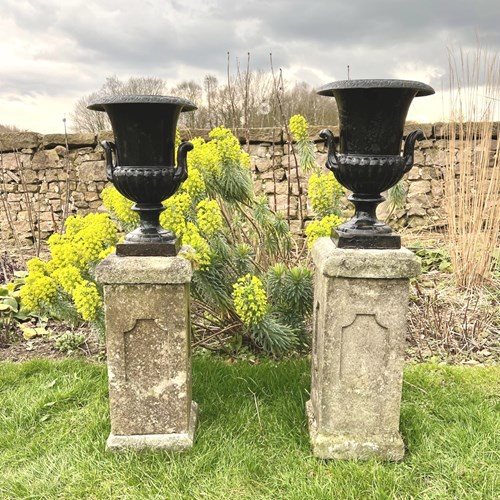  Petit Cast Iron Urns With Plinths