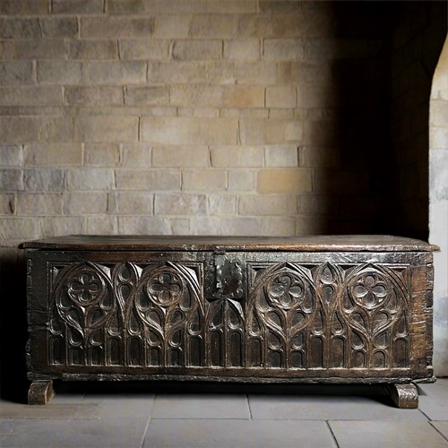 Remarkable English Oak Gothic Coffer C.1480