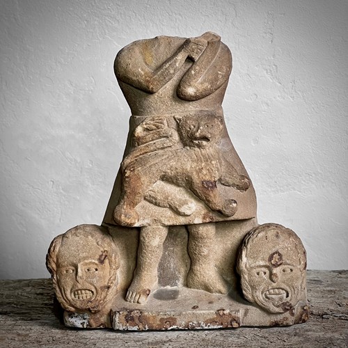 Medieval Sandstone Carving Figure With Lion And Severed Heads 12Th–14Th Century