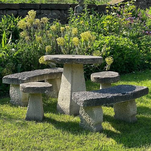 Vintage Composite Stone Garden Table, Bench & Stool Dining Set