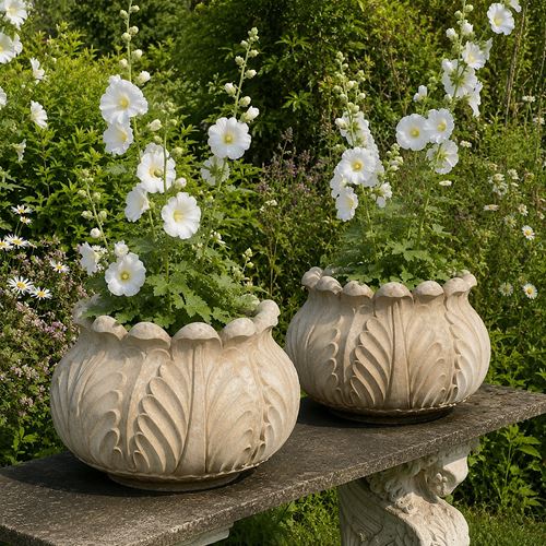 Pair Of Italian Art Deco Carved Marble Lotus Form Planters, C.1930