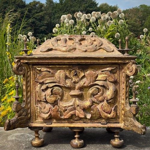 17Th Century Italian Baroque Carved, Gilt & Polychrome Sarcophagus Form Reliquar