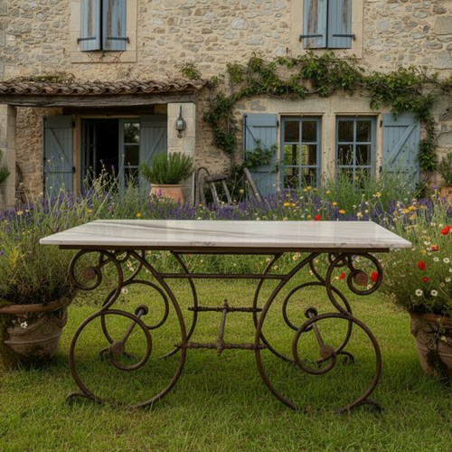 Oversized French Patisserie Table With San Marino Venato Marble Top C.1880