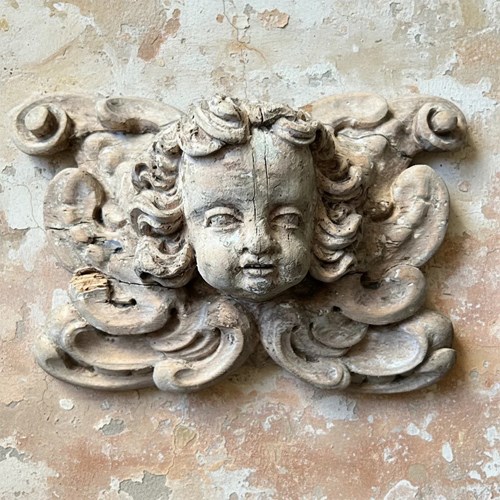 Italian Baroque Carved Limewood Cherub Or Angel Carving With Acanthus Scrolls, C
