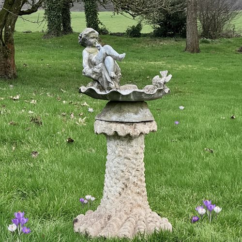 Lead Scallop Shell, Cherub & Bird Birdbath Early 20Th Century With Grotto Pedest