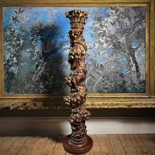 Large Italian Baroque Solomonic Altar Column With Vine And Grape Carving, C.1650