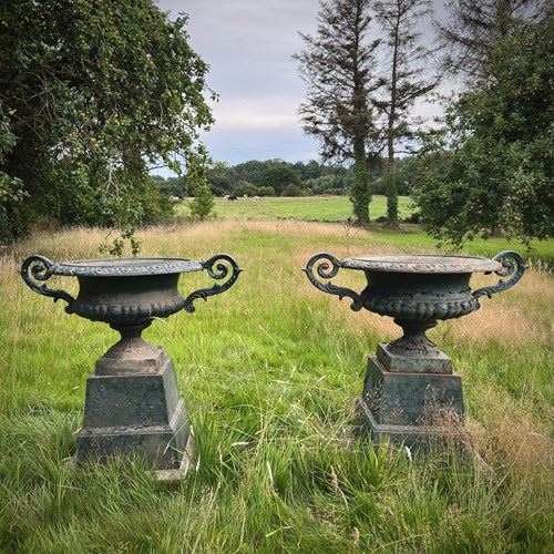 Pair Of English Cast Iron Garden Urns With Plinths C.1870