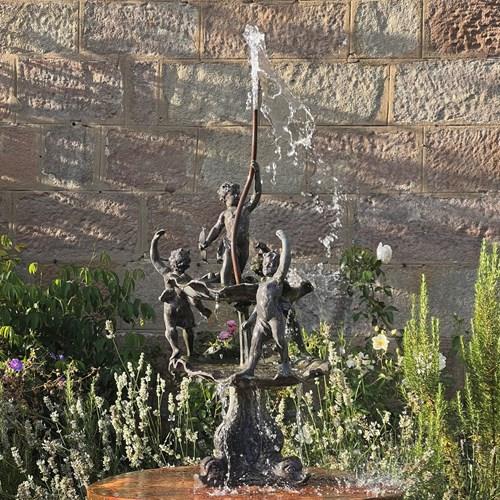 English Lead Garden Fountain With Cherub Figures, C.1920