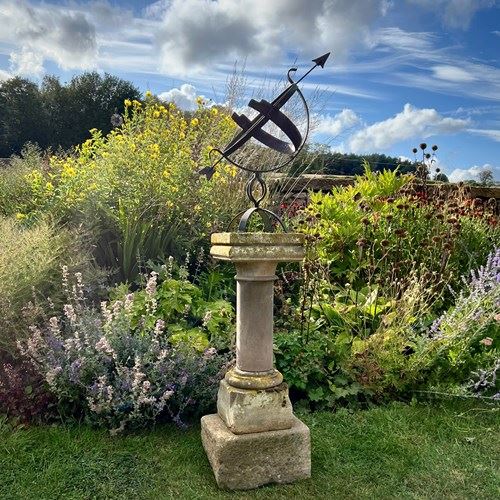 Wrought Iron Armillary Sphere Upon English Carved Stone Column