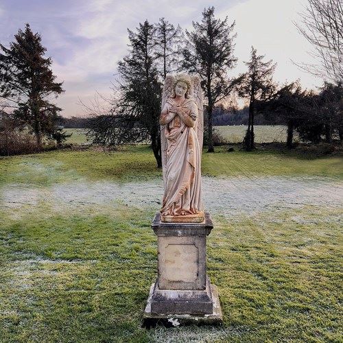 French Limestone Carved Angel With Plinth