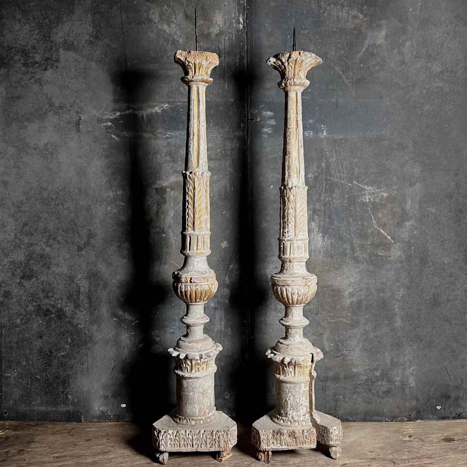 Pair Of Tall Carved Painted Italian Altar Candlesticks Late 17Th/Early 18Th  C. - Decorative Collective