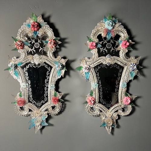 Pair Of Italian Venetian Glass Mirrors Early 20Th Century 