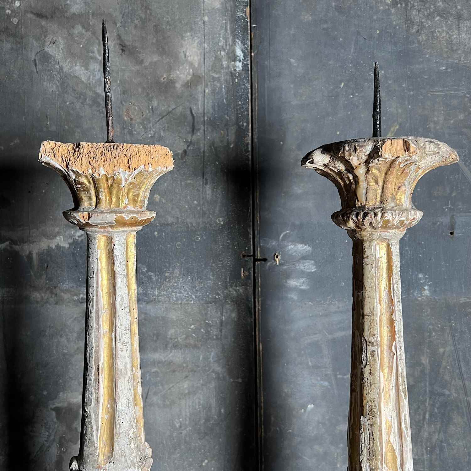 Pair Of Tall Carved Painted Italian Altar Candlesticks Late 17Th