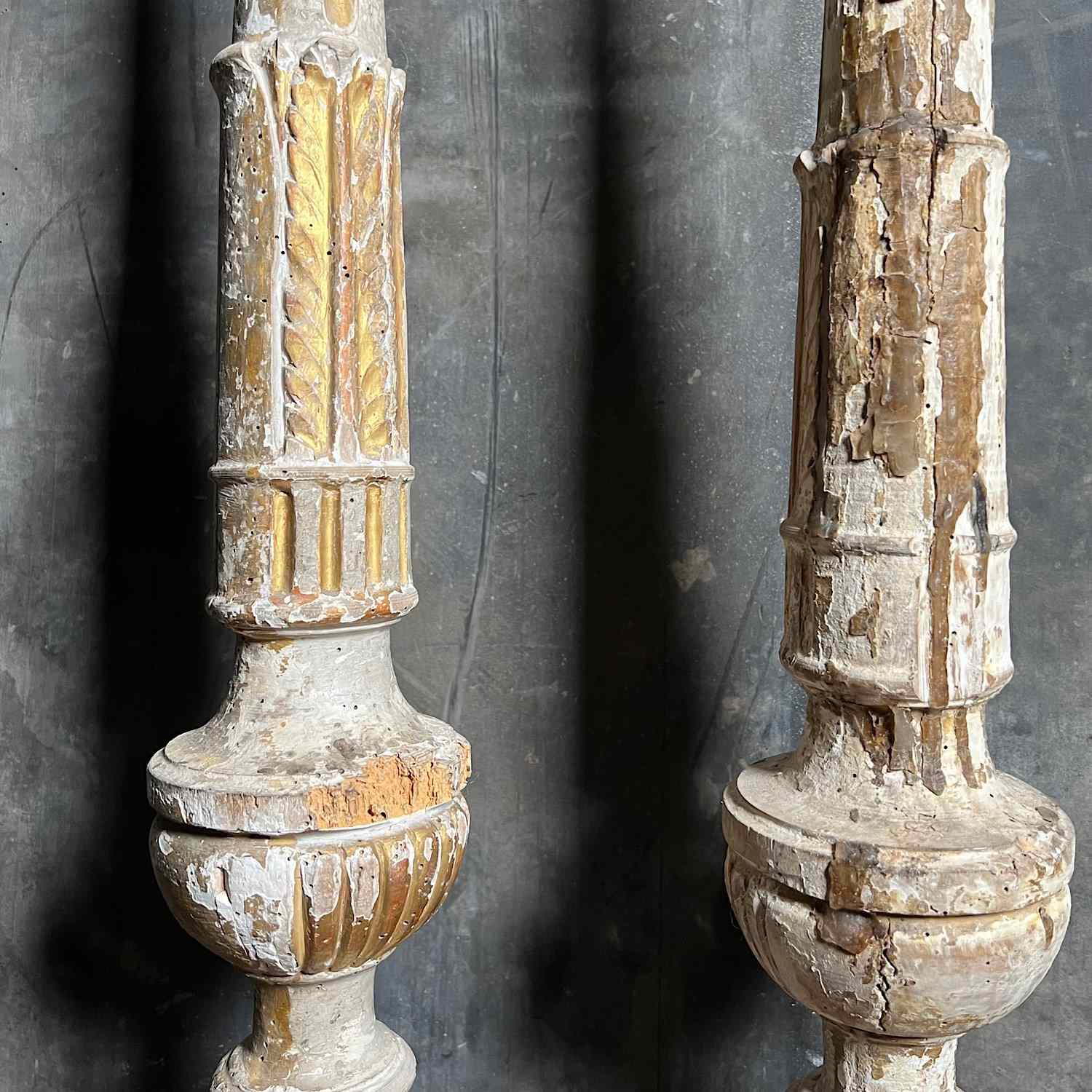 Pair Of Tall Carved Painted Italian Altar Candlesticks Late 17Th/Early 18Th  C. - Decorative Collective