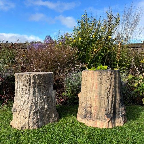 Pair Of English Terracotta Tree Stump Or Stumpery Pedestals By Gibbs & Canning, 