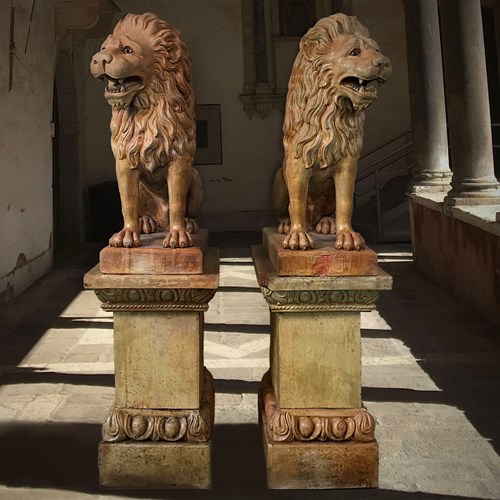 French Terracotta Lion Sculptures By Mandeville-Combeleran 1880-1905