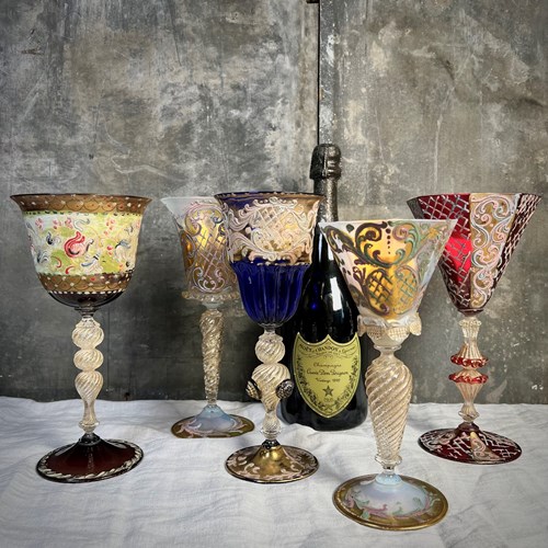 Rare Collection Of Five Large Venetian Murano Goblets
