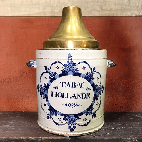 A Dutch Delft “Tabac Hollande” Jar With Original Brass Lid, C.1700