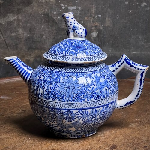 Early 18Th-Century Delft Blue And White Teapot, Marked C B For Cornelis Brouwer