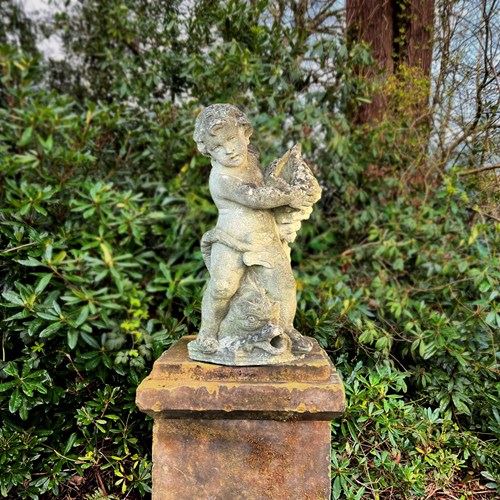 19Th C. Italian Carved Stone Putti Fountain With Dolphin