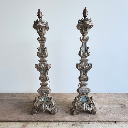 Pair Of 19Th Century Silver Gilt Candlesticks Converted Into Lamps 