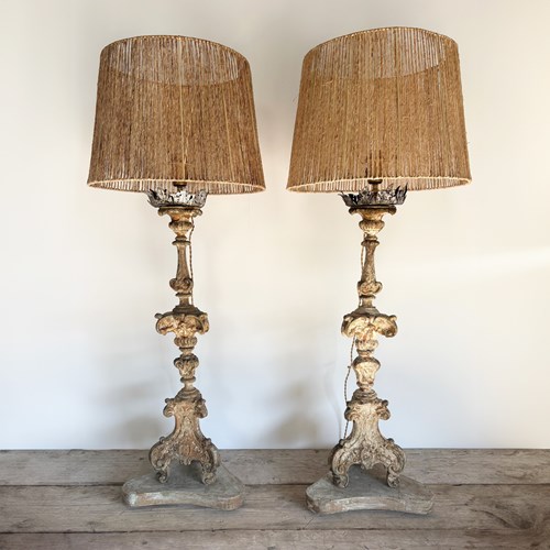 Large Pair Of 18Th Century Carved Wooden Candlesticks Converted To Lamps 