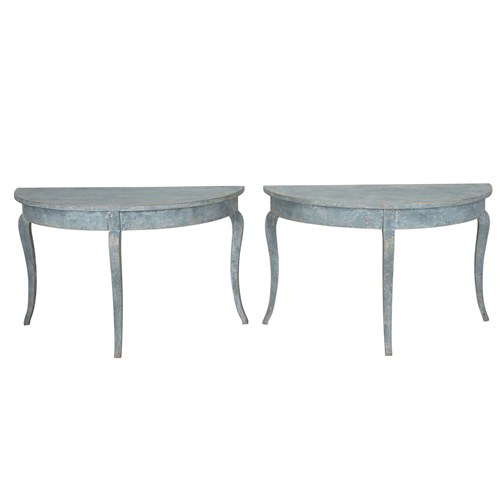 Pair Of 19Th Century Swedish Blue Painted Demi Lunes