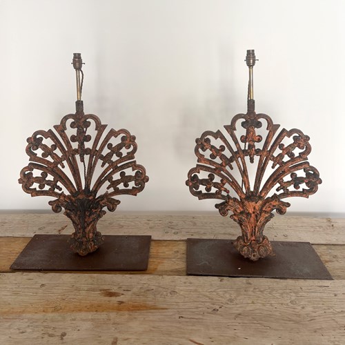 Pair Of Large Industrial French Metal Architectural Fragments Converted Into Lam