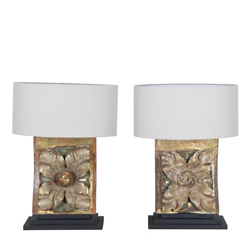 Pair Of Table Lamps Made From 17Th Century Carved Wooden Fragments