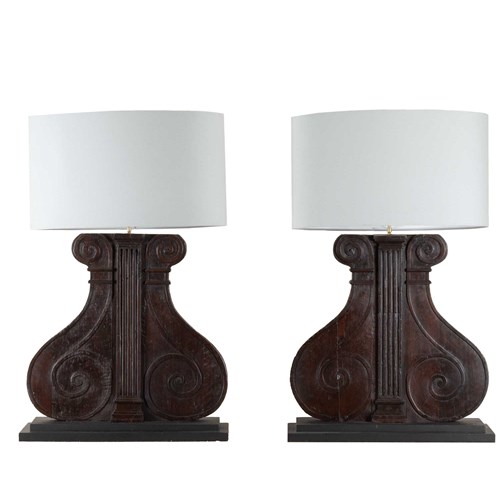 Large Pair Of 19Th Century Italian Carved Wooden Lamps