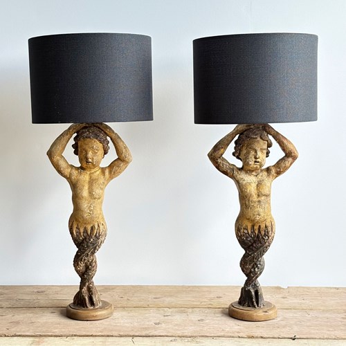 Superb Pair Of 18Th Century French Carved Wooden Tritons 