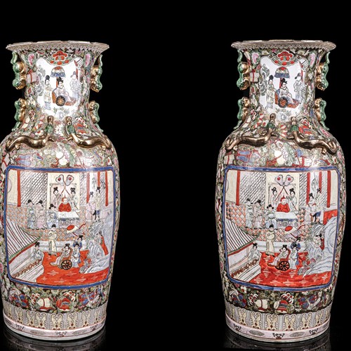 Large matched pair of Canton Famille Rose vases