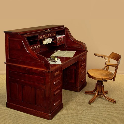 Large Walnut Roll Top Desk C.1910