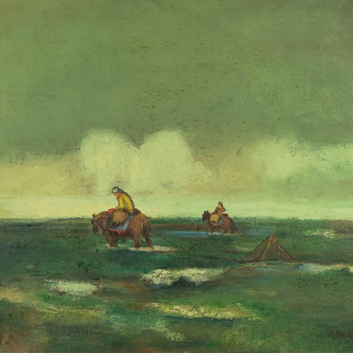 Oil Painting Of Shrimp Fishing On Horseback C.1970