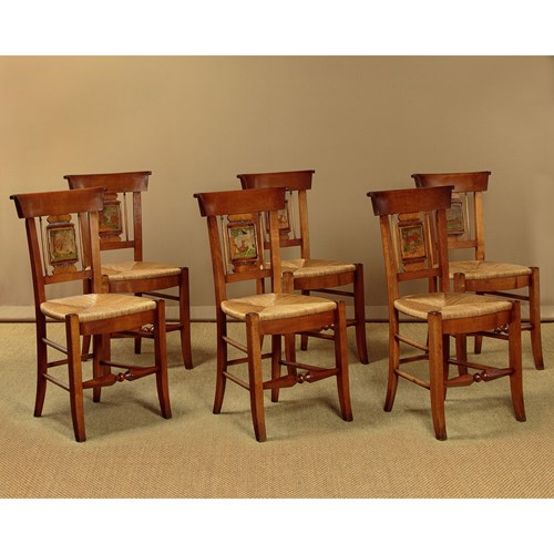 Set Of Six Cherry Wood Chairs With Painted Backs C.1910