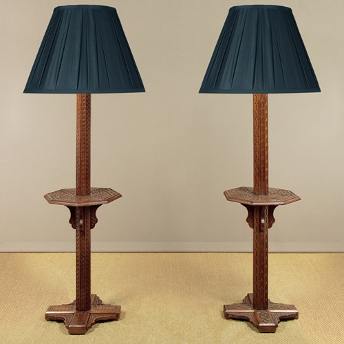 Pair Of Carved Mahogany Standard Lamps With Tables C.1920